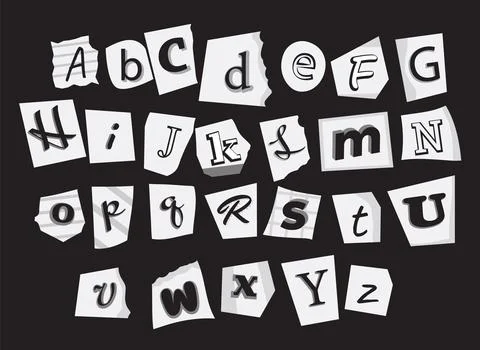 Ransom Alphabet vector typography font, monochrome cut newspaper note letters Stock Illustration