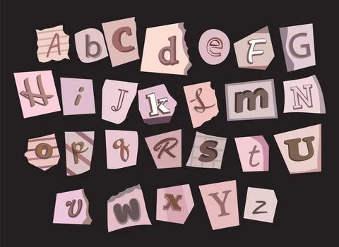 Ransom Alphabet vector typography font, pink monochrome cut paper note letters Stock Illustration