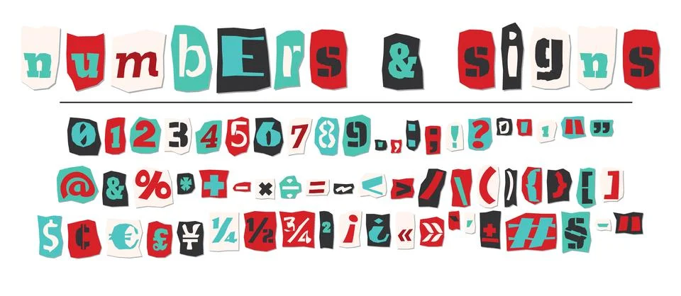 Ransom halftone collage style letters numbers and Stock Illustration