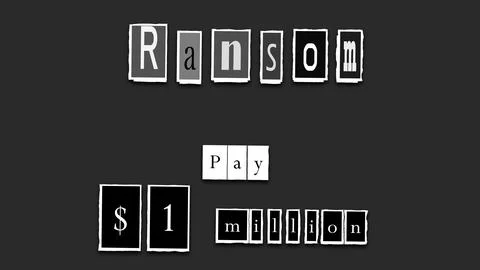 Ransom note demand cut out letters text on torn paper black and white Stock Illustration