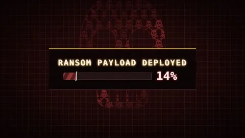 Ransom payload alert over a skull mosaic red hazard screen loop 스톡 동영상 343642856