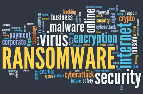 Ransom ware virus - compromised computer security concept. Word cloud. Stock Illustration