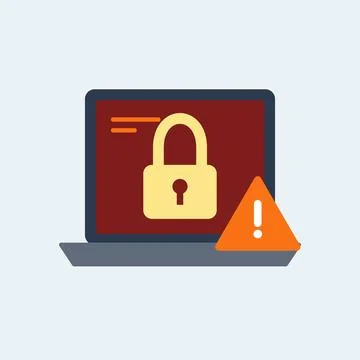 Ransomware attack flat design vector illustration with laptop locked screen, Stock Illustration