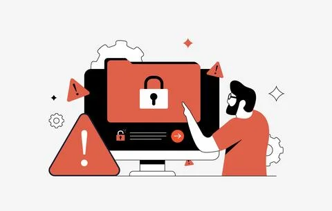 Ransomware attack with hacker locking personal data folders, demanding ransom Stock Illustration