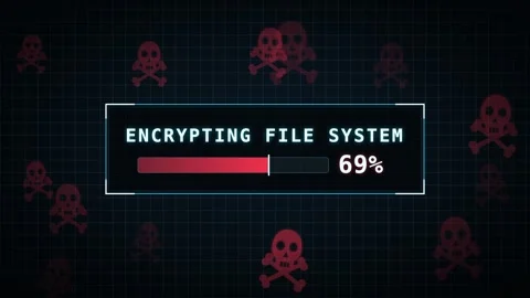 Ransomware attack screen encrypting file system skull warning loop 스톡 동영상 343536064