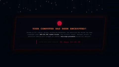 Ransomware attack warning screen shows encrypted message. malware alert ind.. Видео 346968719