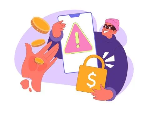 Ransomware concept. Sneaky hacker demands digital coins, holding Stock Illustration