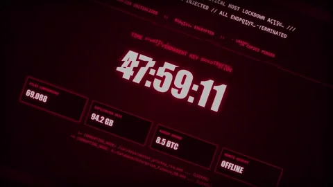 Ransomware countdown timer display on a dark red glitchy screen. malware cy.. Stock Footage 346968664