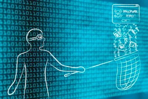 Ransomware cyber attack, man with pirate mask catching data Stock Illustration