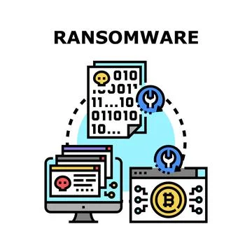 Ransomware cyberattack encrypting data demanding bitcoin payment Stock Illustration