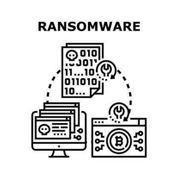 Ransomware cyberattack encrypting data demanding bitcoin payment Stock Illustration