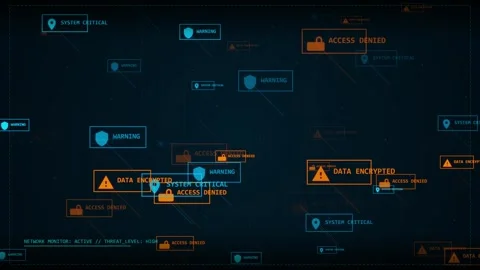 Ransomware. Cybersecurity interface with ransomware alerts and system critical Stock Footage 341237390