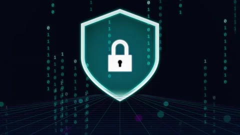 Ransomware. Cybersecurity shield and padlock icon on binary code background Stock Footage 341237893
