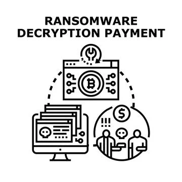 Ransomware decryption payment process with bitcoin and cyber extortion Stock Illustration