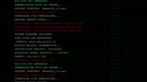 Ransomware digital security breach with scrolling malicious code and data Stock Footage 346531209