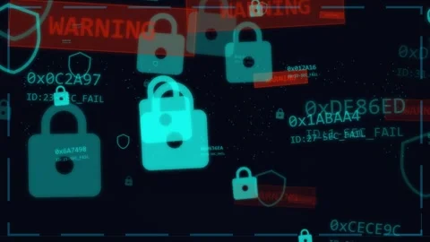 Ransomware. Digital security interface with locks and warning messages Stock Footage 341237383