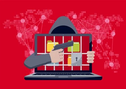 Ransomware with hacker pointing gun 스톡 일러스트