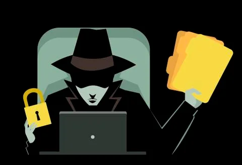 Ransomware hacker virus using a computer with a lock and files Illustrazione stock