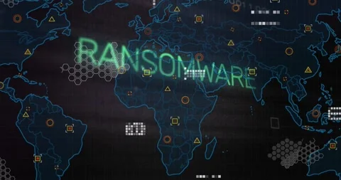 RANSOMWARE headline forming and glowing across blue map, triggered by pulsing Stock Footage 328469776