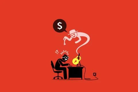 Ransomware locking a computer and asking for money.  Illustrazione stock