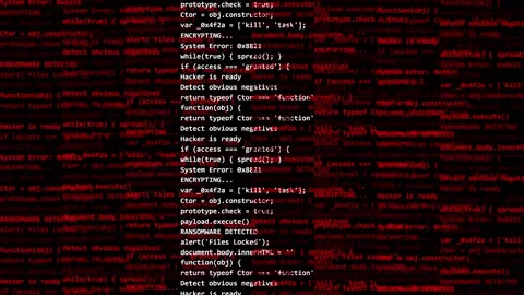 Ransomware malware background with scrolling red malicious code and system Stock Footage 346531343