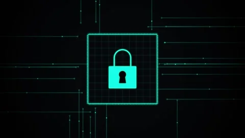 Ransomware malware. Digital padlock icon on cyan circuit background Video stock 341237510