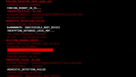 Ransomware malware system failure screen with red digital text and data Stock Footage 346531342