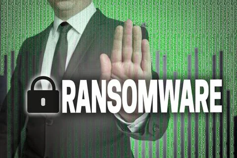 Ransomware mit Matrix wird von Geschäftsmann gezeigt Ransomware mit Matrix.. Stock Photos