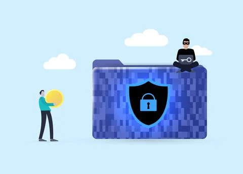 Ransomware program, encryptor of personal files and folders. The character is Illustrazione stock