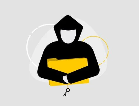 Ransomware program, encryptor of personal files. Hacker in black hoodie holds Stock Illustration