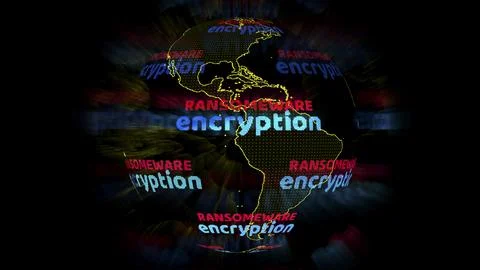 Ransomware red and encryption blue text blur ray on global map Stockillustratie
