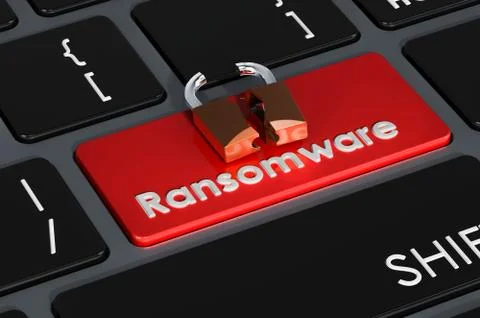 Ransomware red button on keyboard, 3D rendering Illustrazione stock