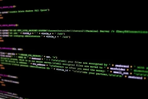 Ransomware source code. Malicious script source code that encrypts files on t 스톡 사진