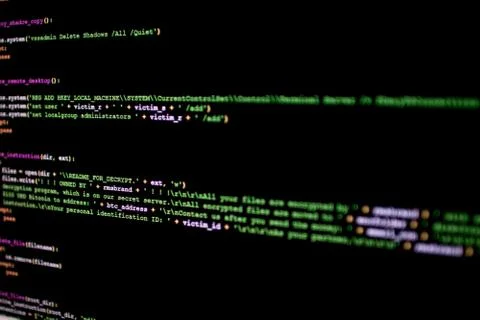 Ransomware source code. Malicious script source code that encrypts files on t 库存照片