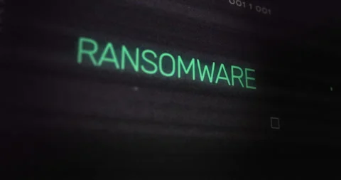 RANSOMWARE text animation over dark background with digital interface elements Stock Footage 305431374