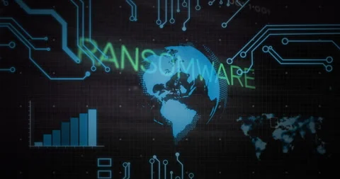 Ransomware text animation over digital world map and circuit board elements Stock Footage 305622487
