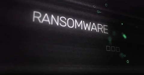 RANSOMWARE text image over dark background with digital interface elements 스톡 일러스트