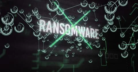 Ransomware text image over interconnected digital network and data symbols Stock Illustration