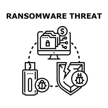Ransomware threat damaging computer data cyber defense Stock Illustration
