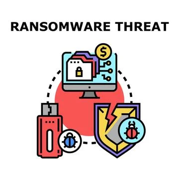 Ransomware threat damaging computer data cyber defense Stock Illustration