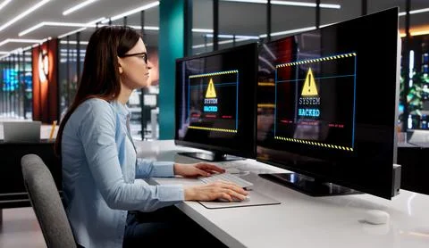Ransomware Threat. Unauthorized Access And Data Breach On Business Computer Stock Photos