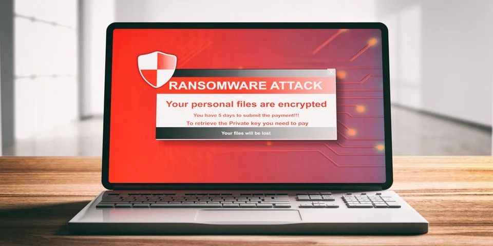 Ransomware, virus attack alert on a computer laptop screen, wooden desk, blur Stock Illustration
