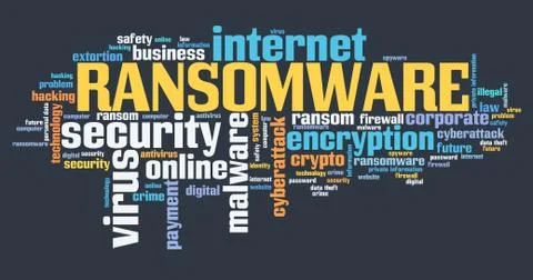 Ransomware virus - compromised computer security concept. Word cloud. Ilustración de archivo