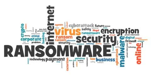 Ransomware virus - compromised computer security concept. Word cloud. Ilustración de archivo