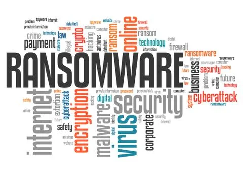 Ransomware virus - compromised computer security concept. Word cloud. Illustrazione stock