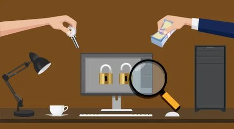 Ransomware virus spread illustration with hand money and key Stock Illustration