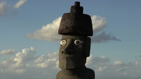Rapa Nui Ahu O Rongo modern carving with big eyes Stock Footage 128721054