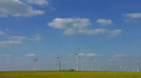 Rape field Wind Turbines Alternative Green Clean energy Stock Footage