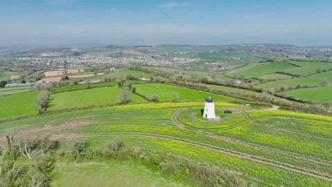 Rapeseed Fields and Farms over Torquay from a drone, Devon, England, Europe Stockbeeldmateriaal 312415463