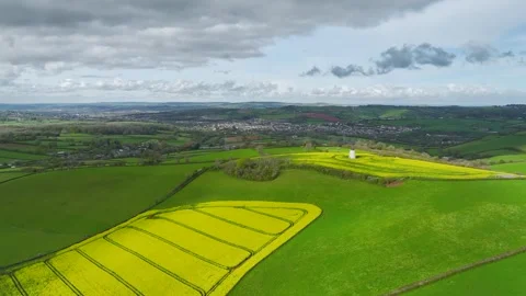 Rapeseed Fields and Farms over Torquay from a drone, Devon, England, Europe Vidéo 312444079